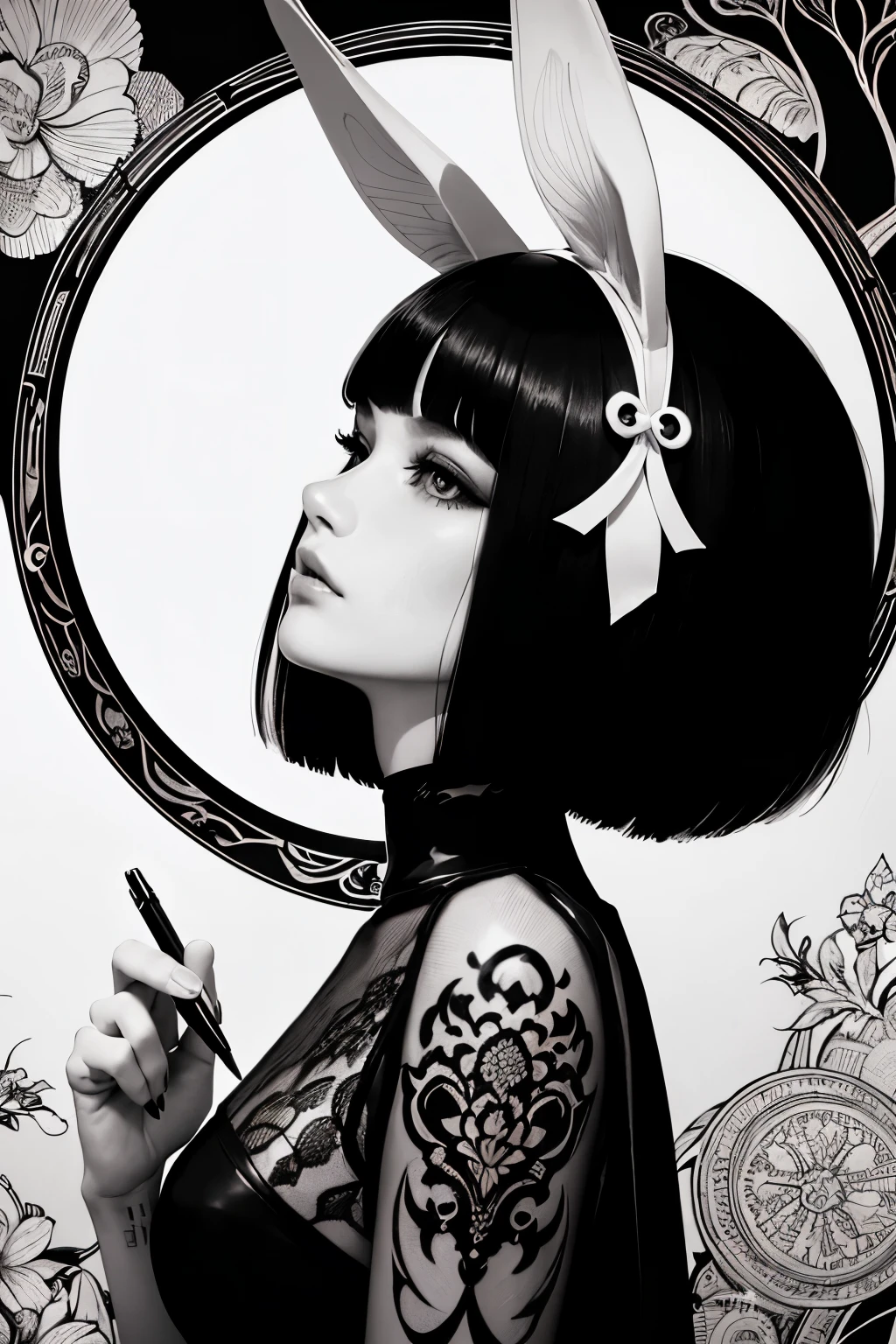 Beardsley Style,Ink Art, Pen and ink, ( best quality ,masterpiece:1.2), (Black and white comic core :1.1), ( Extremely high contrast), silhouette, Dark Ink, 1 beautiful girl, Side view,  profile ,  bunny girl, Bunny ears headband, Bob cut hair, bangs,  very beautiful face , Very beautiful eyes, Hirame