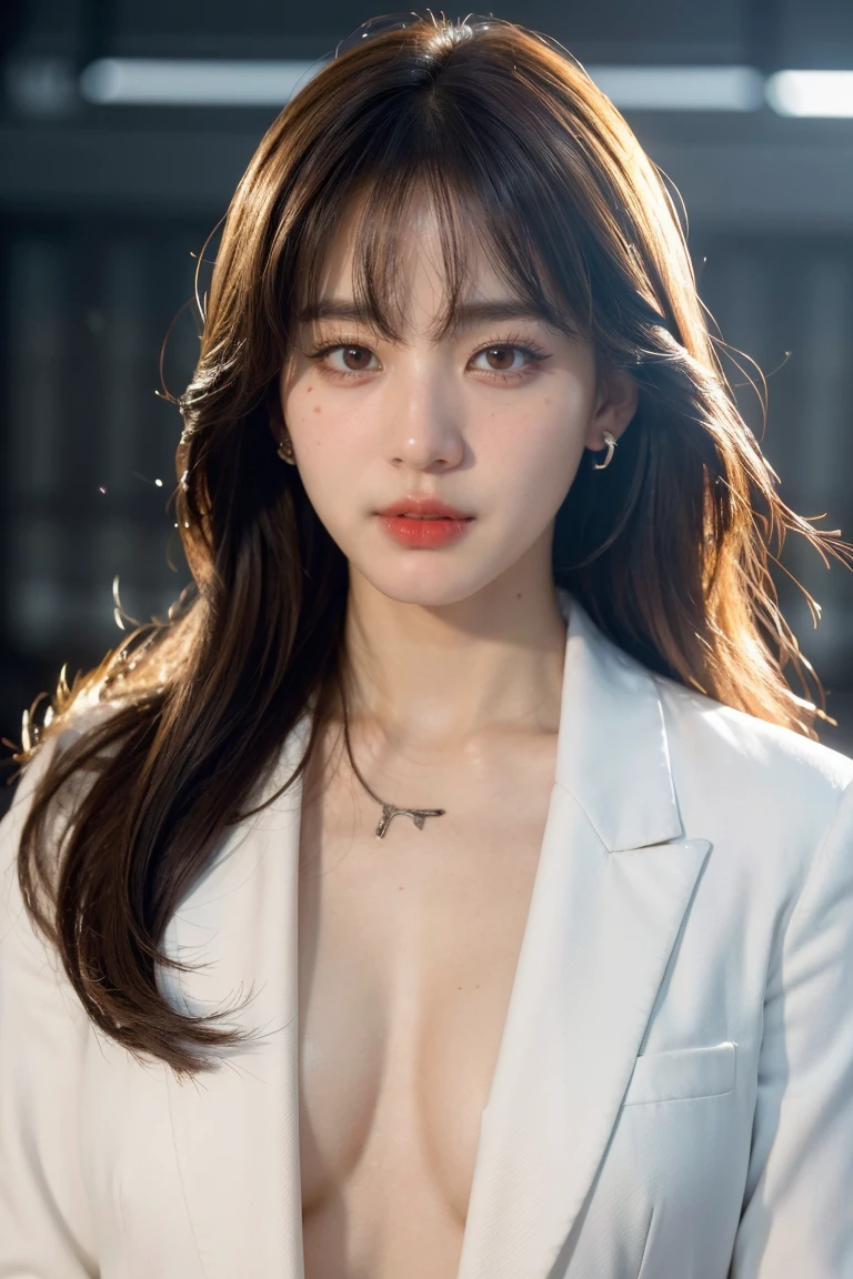 masterpiece, highres, screen shot, best quality, 1girl, (scar on left eye), white cropped jacket, highly detailed, rule of thirds, jewelry, long hair, bangs, hair between eyes