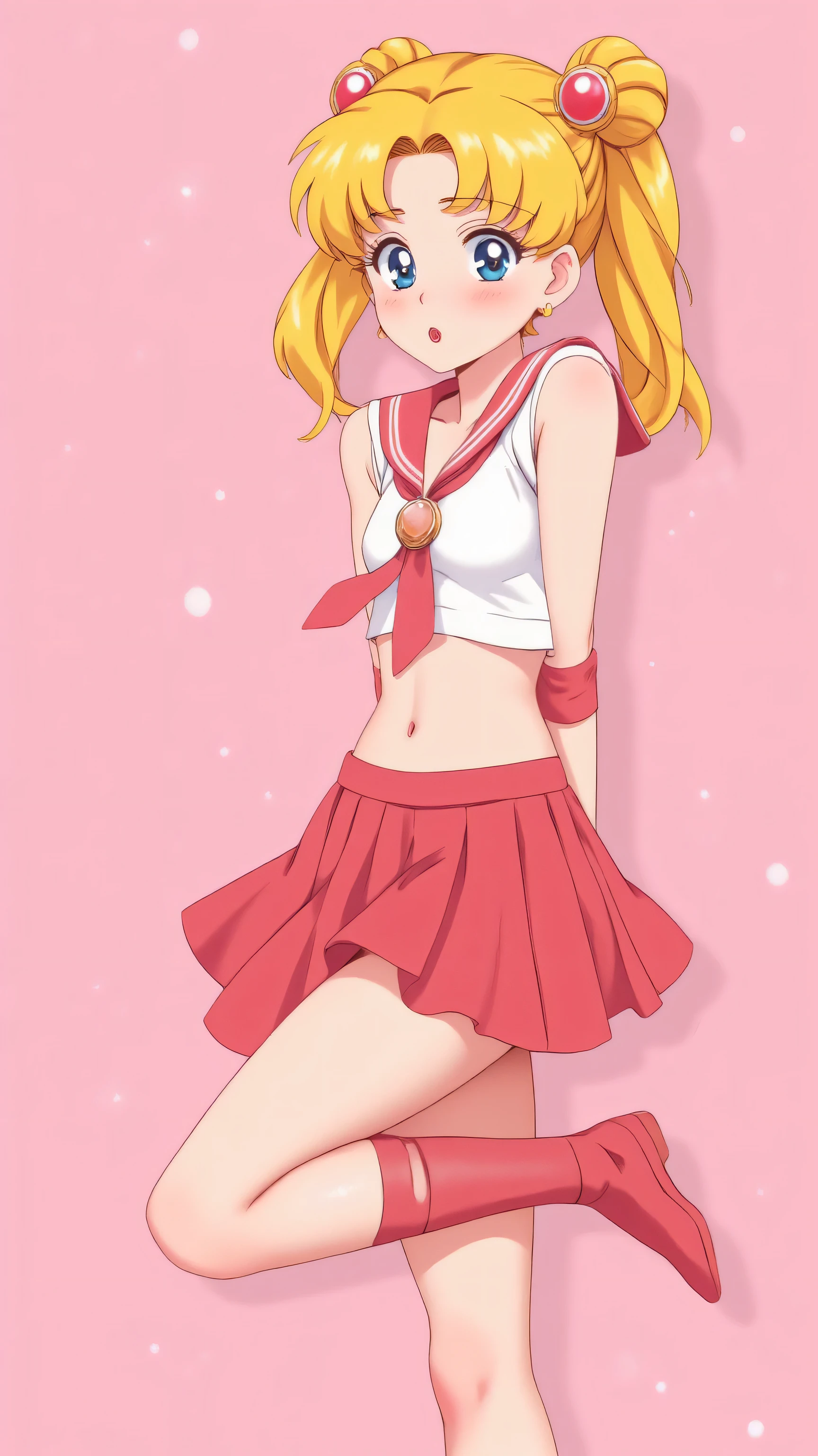 1 very young japanese girl, sailor moon, blonde hair, blushing, Shy, Red lips, mouth open, winking, cute overload, pale face, close up shot, Sweet, small breasts, ((best quality)), ((masterpiece)), (detailed), big expressive eyes, ulzzang, Slender、solid pink background, cute pose,  sailor suit, cleavage, slender legs, thigh highs, skinny, arms behind back, 