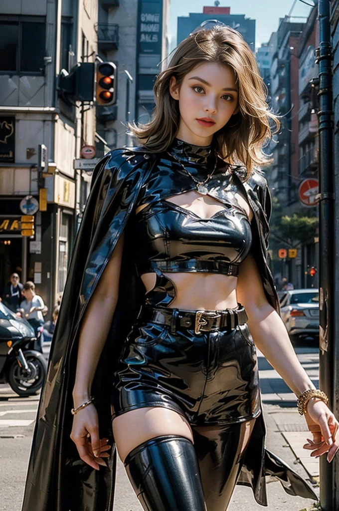 (Best Quality, 8k, 32k, Masterpiece, UHD:1.3), (Photo of Attractive Japanese Woman), 1 Girl, (short wavy hair), Perfect Body, Full body shot, Ultra Detailed Face, Detailed Lips, Fine Eyes, double eyelids, techwear clothes