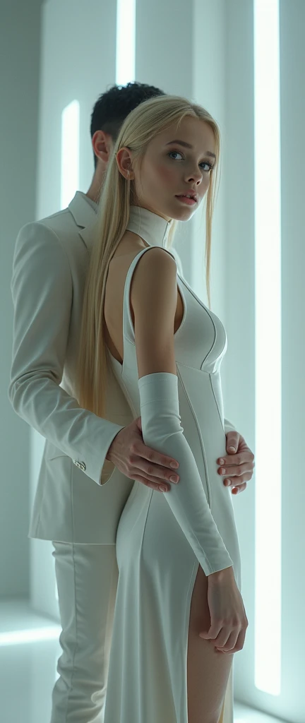 The scene shows a blonde woman wearing a tight ribbed turtleneck, long skirt and white high heels, kneeling in front of a man in a black suit who is standing in front of her. The mood of the scene is romantic and introspective, showing how much the woman is in love with the man.