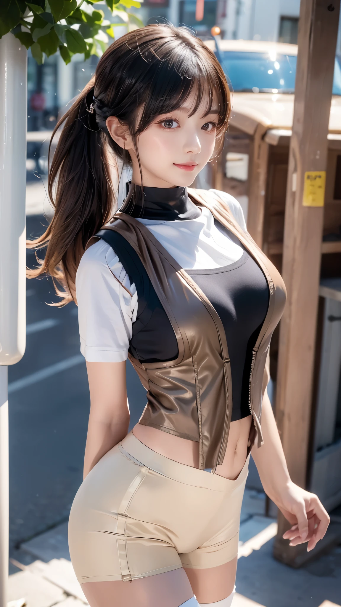 8K, top quality, masterpiece, high definition, ultra high definition, 1 girl, 18 years old, (wearing a white vacuum fluoroscopy uniform: 1.5), white miniskirt, wet white underwear, solo, (full body), (brown hair), (spread legs), black eyes, beautiful and delicate eyes, delicate skin, slim body, big breasts, thin thighs, feet in leather boots, dark primeval forest, (front), looking up at the lens, lower abdomen, background blur, Focus on depth of field