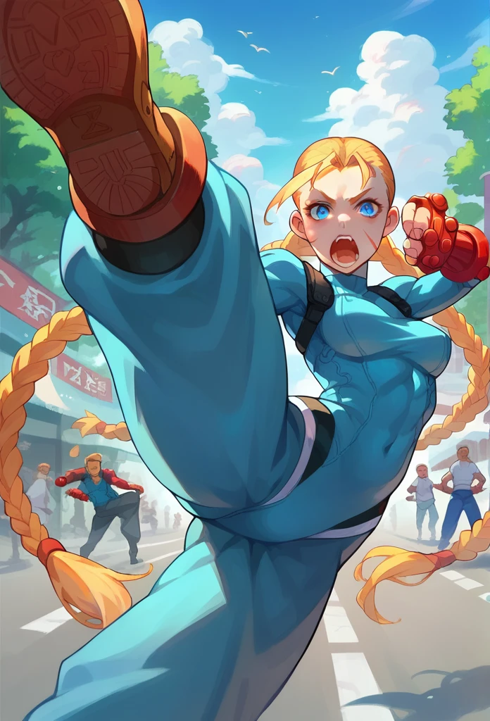 Realistic image of young Cammy from Street Fighter II, kicking over the observer. exterior, Chinese commercial street, Ultra detailed, open mouth, braided pigtails, blue eyes, dynamic pose