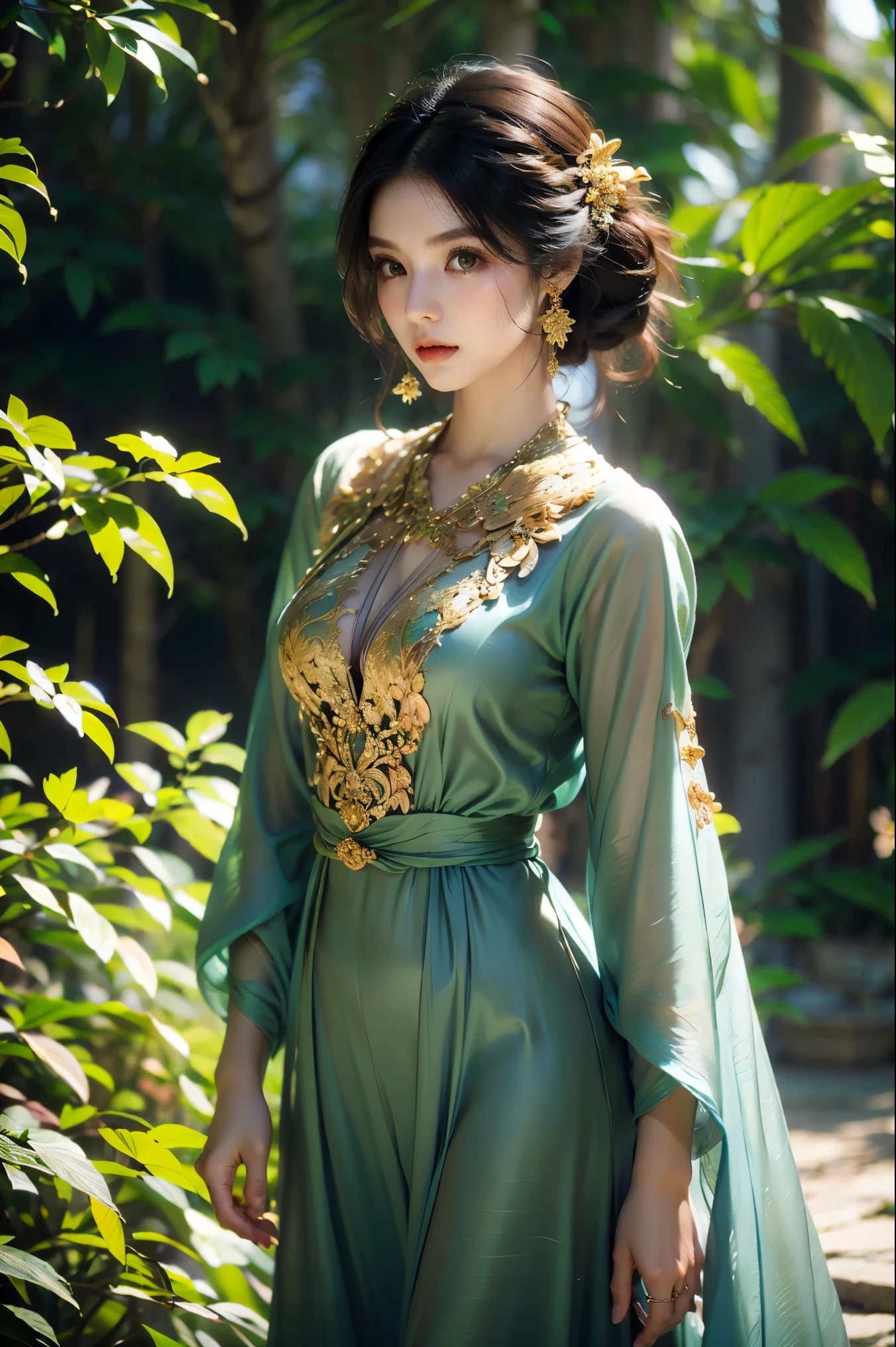 (Beautiful detailed eyes, beautiful detailed lips, extremely detailed face and expression, long eyelashes, flowing long gown, fair skin, lush green garden, ethereal atmosphere, morning sunlight, gentle breeze, exquisite fabric, spinning motion, sharp details, soft color palette, dreamlike ambiance, feminine charm, natural beauty, subtle shadows, graceful posture)