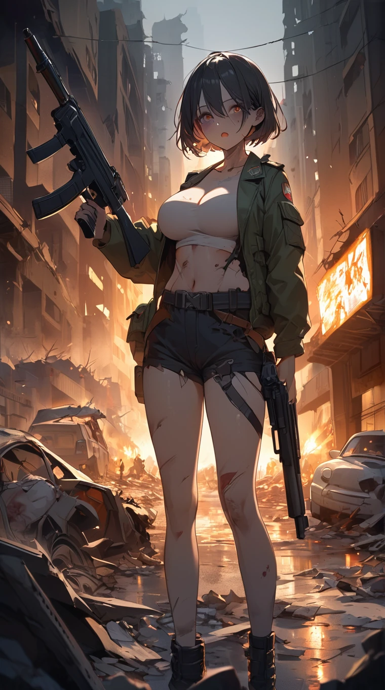 battlefieldで戦う女子高校生の美しい日本の16歳の女の子、Light Muscle、rifle、(rifleの保持: 1.3)、(rifleの照準と保持: 1.3)、 Infantry Girl, Urban Warfare, High , burning vehicle, war zone, battlefield, explosion, burning city, cigarette, Torn Uniform, belly button, gloves, Torn skirt、Faces stained with mud and blood、Sweaty skin、Skin stained with blood and mud、Big tits cleavage、Painful expression、highest quality、Ultra-high resolution、Disorganized、Real、Physically Based Rendering、Calm Tones、battlefieldの背景、Background of the urban war、Photorealistic、Cowboy Shots、Torn clothes、One breast sticking out from the dress
