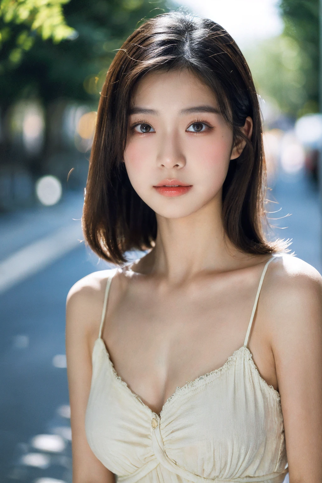 (( best quality,masterpiece:1.3))，1girl，18 years old，Asian， high resolution ， textured skin ，High Detail，(Real texture:1.3)，( Background Blur :1.1)，Dress，Slim waist，Big Breasts，Tall and slendegure:1.2，(Hot summer weather)，（street:1.3）， exquisite eyes ，Long eyelashes，Double eyelids，Skin Whitening，happy