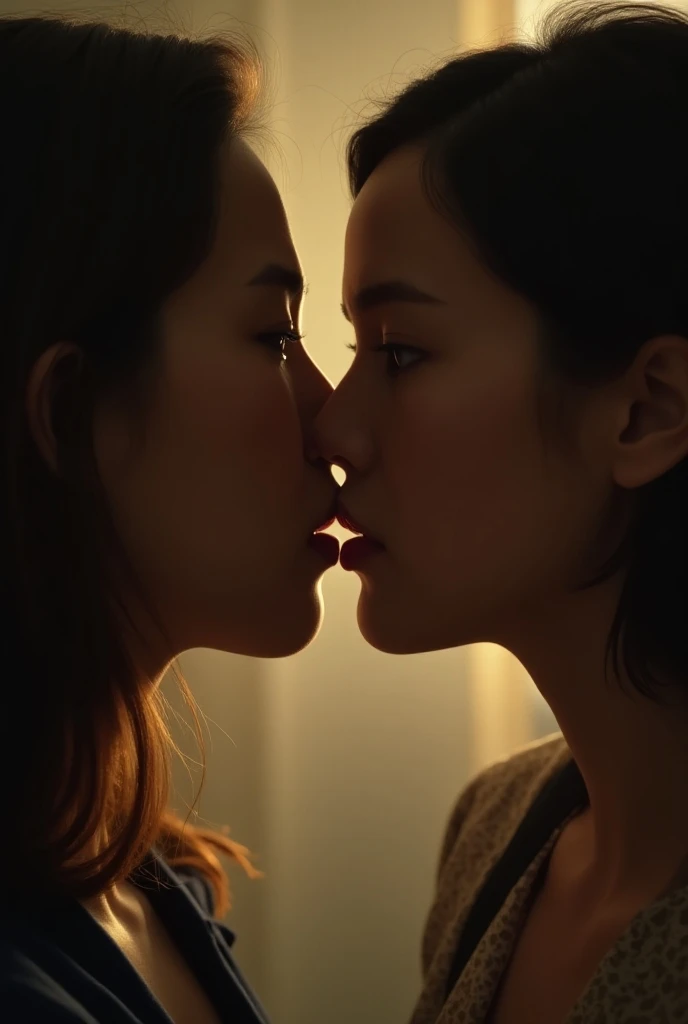 A Japanese girl violently kisses a girl while they are naked and with big breasts, while she is naked with transparent clothes and a very large breast