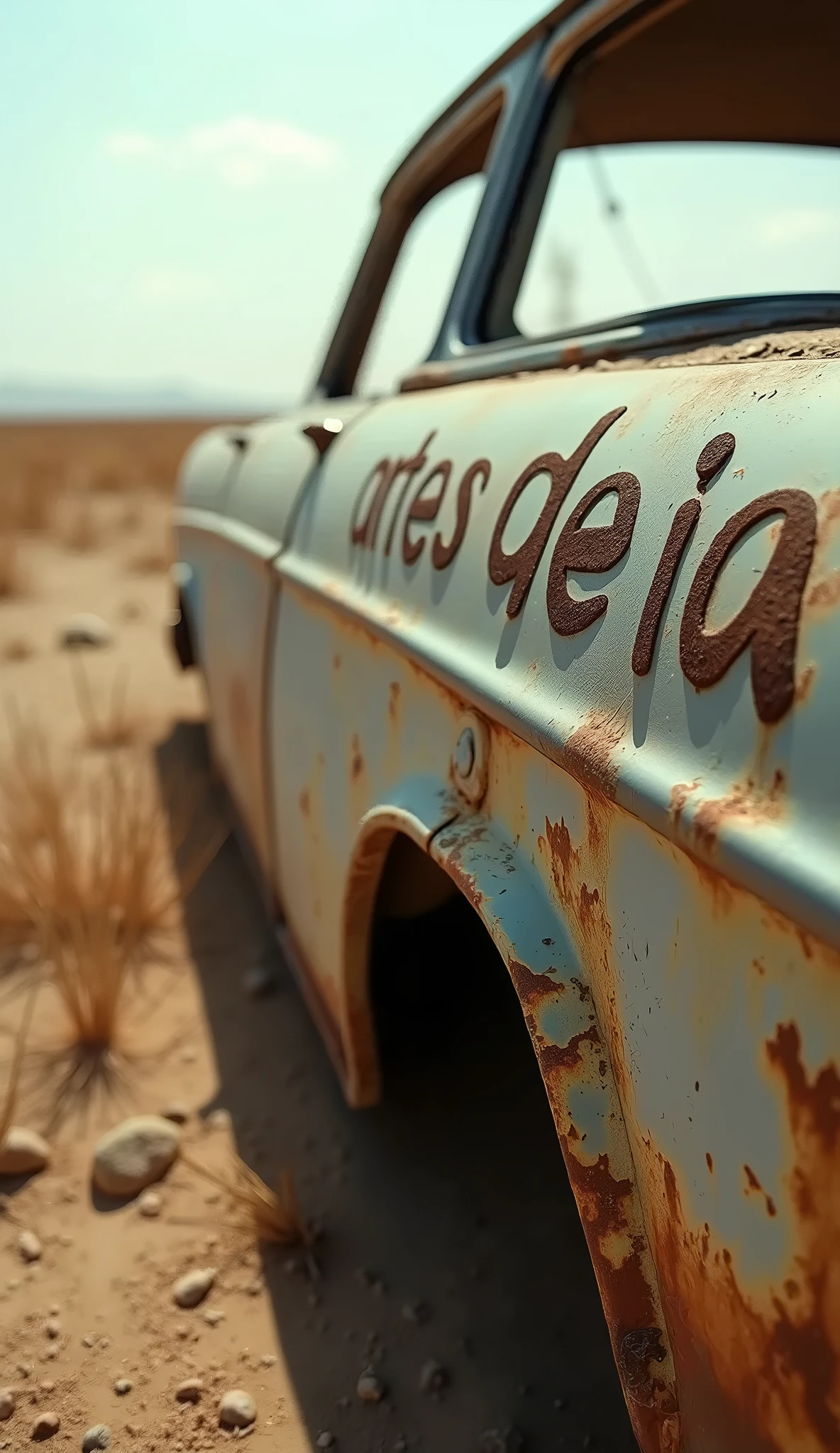 zoom in of an old abandoned rusty car door in the desert, in this door is written in rusty: "ARTES DE IA"