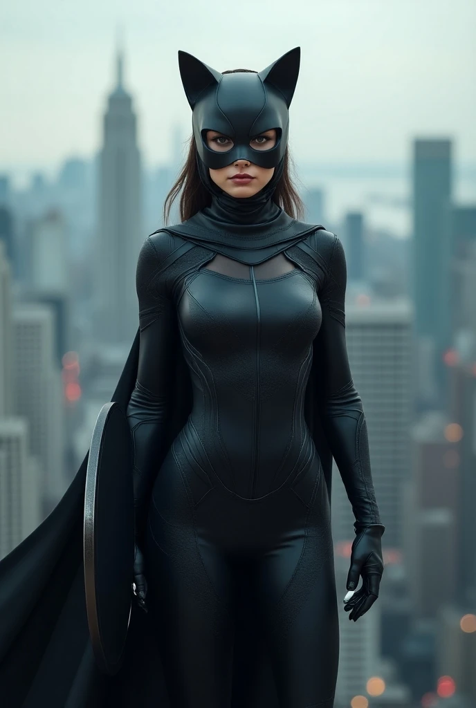 Photo of a woman dressed as a superhero cat wearing a cybersecurity superman cape. Holding a shield and a magnifying glass . confident look. detailing. In the background, the blurred outline of the city