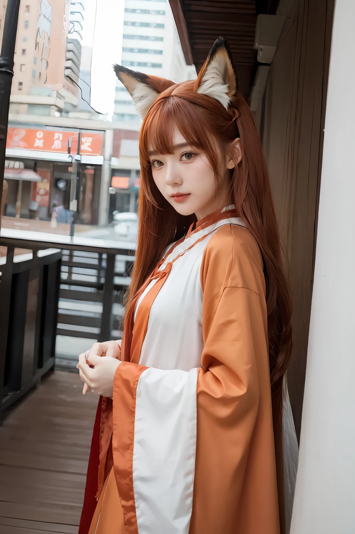 crossdressing,tsurime,orange eyes,fox_ears,Fox tail,red_hair,Low-tied long hair,hanfu,1girl