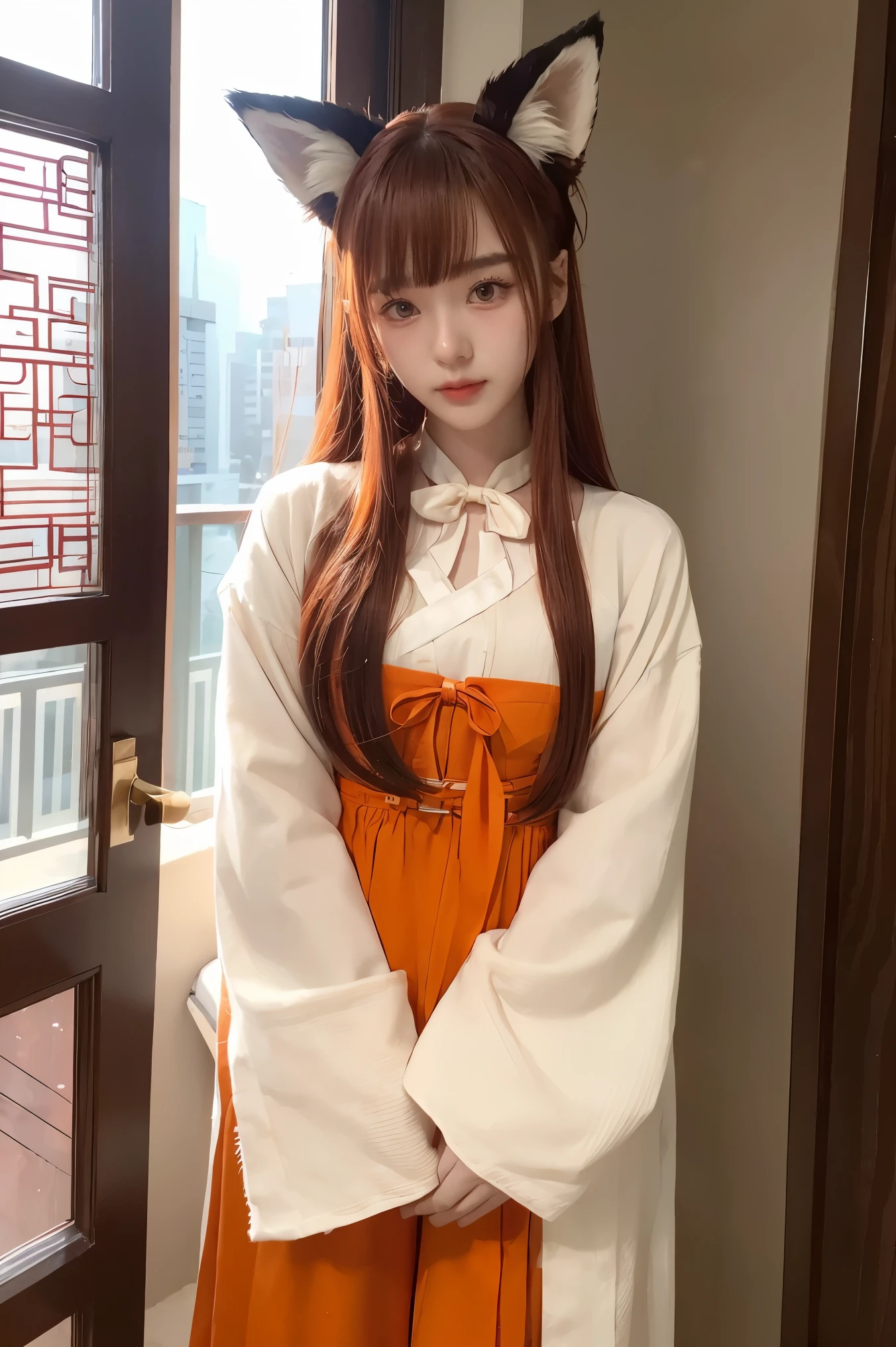 crossdressing,tsurime,orange eyes,fox_ears,Fox tail,red_hair,Low-tied long hair,hanfu,1girl