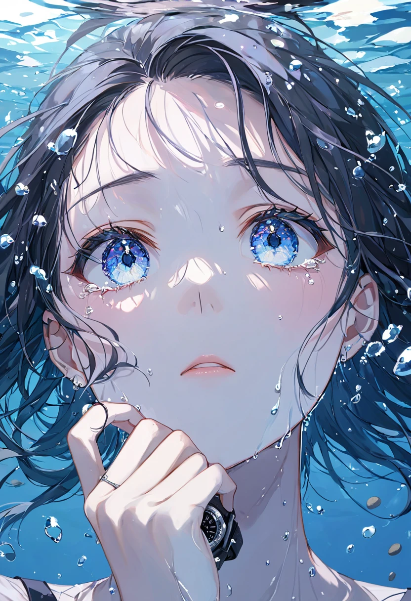 One woman, soaked in water , face close-up ,Big Eyes,Big tears,sad, Look Away , hair spreads outward , hair soaked in water , background is clear water , lots of pebbles under water,Like a river , masterpiece exposed to light ,Best Quality,Exquisite,8k, absurd, super detailed illustration ,(Watch the audience)