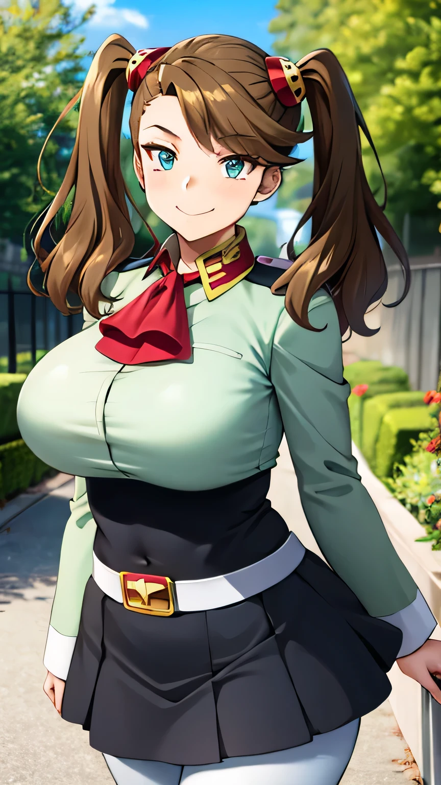 {{{masterpiece}}}, {{{ best quality }}}, {{Super detailed}}, {Illustration}, {{ very delicate and beautiful}}, ( beautiful detailed eyes :1.6),  highly detailed face, 16k, Anime Face, Kaoruko Sazaki(  Gundam Build Fighters Try), Kaoruko, Cute face, Long Hair, Brown Hair, Hair Ornaments,  twin tails, Swept-apart bangs,  Brown Eyes , Busty,Huge and bouncy breasts,  thin waist,  big hips, Curvaceous, plump Thighs, break,  puff sleeves, Light green jacket, Short jacket,  Long Sleeve , Ascot, red Ascot, White Belt, Square Cross Buckle , pantyhose, white pantyhose,   High Waist Skirt ,  miniskirt,  Black Skirt , Thighs, Absolute territory, break,smile， Outdoor, Day Staring at Viewers , standing, tree, null, blue null, handrail, cloud, Blurred,Blurred background