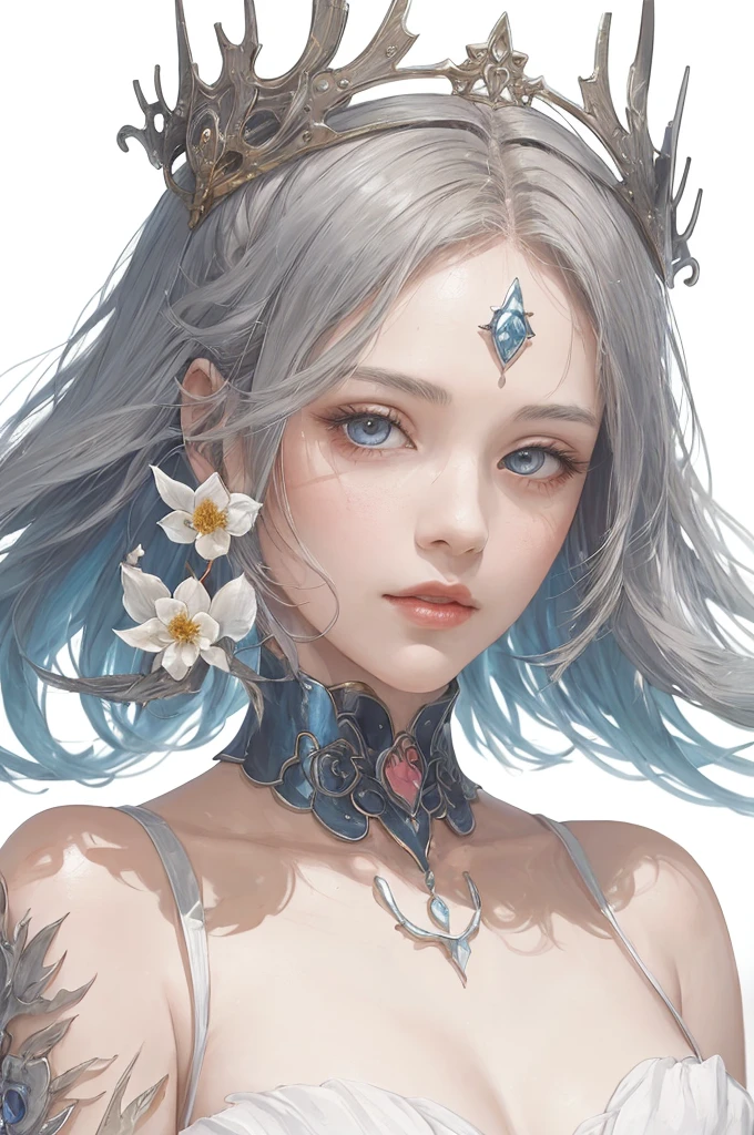 Best AI Image Generation Creator、1 beautiful girl、large round eyes、Solo、Realistic,Lips,masutepiece,Best Quality,Good anatomy,Skin Texture、White background、Smaller chest、white hair、robe blanche、Fantasy Art Style, palatial palace 、 Azure. detailed hairs, beautiful fantasy art portrait, 4K highly detailed digital art, a beautiful fantasy empress, artwork in the style of guweiz, ((a beautiful fantasy empress)), 8k high quality detailed art, Beautiful Anime Portrait