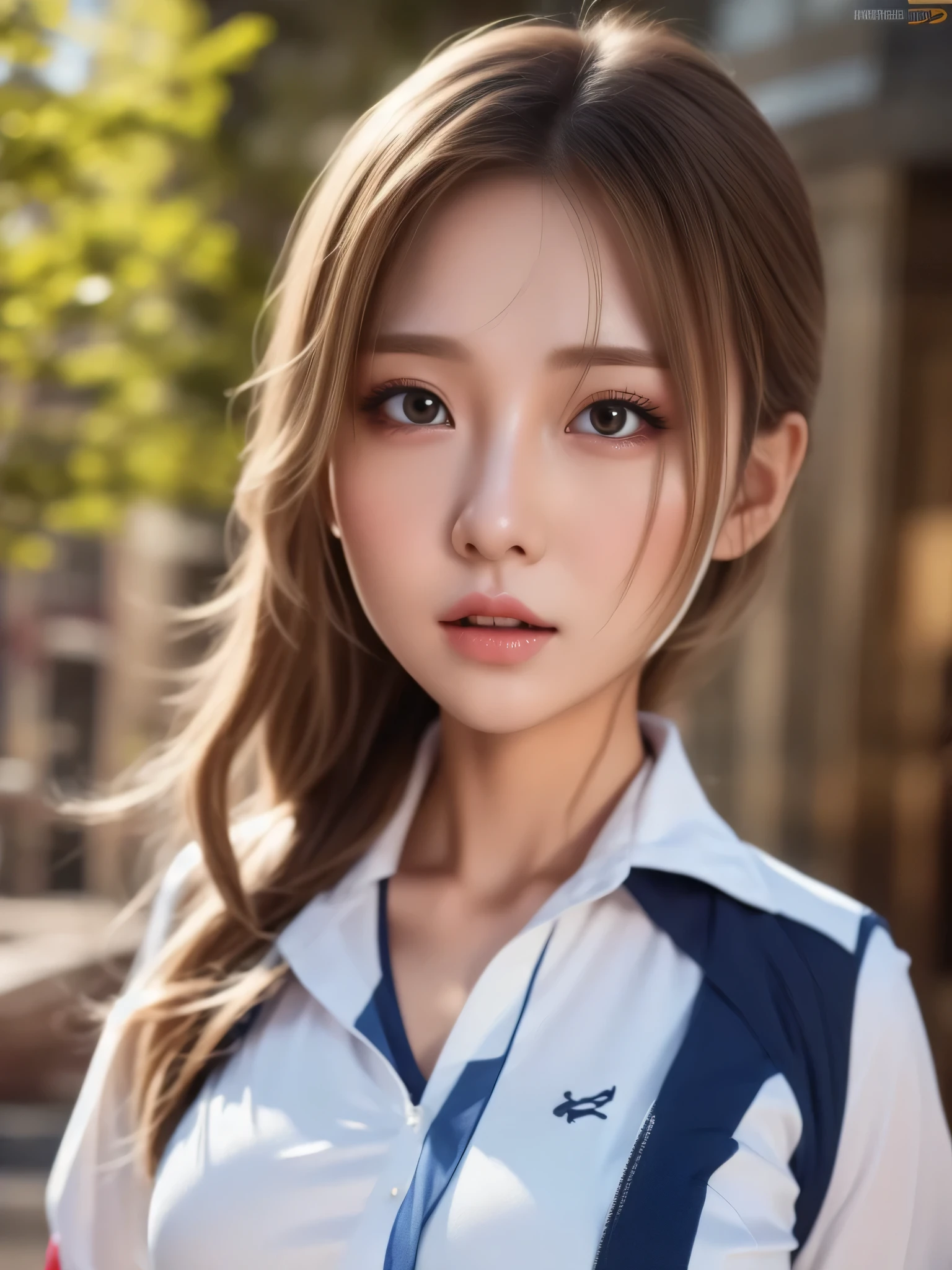 a cute anime girl with large breasts, wearing a sexy school uniform, grabbing her own breasts, extremely detailed face and eyes, long eyelashes, photorealistic, ultra-detailed, 8k, best quality, masterpiece, highly realistic, hyper-realistic, realistic lighting, cinematic lighting, dynamic pose, dramatic lighting, vibrant colors, soft pastel colors, beautiful detailed eyes, beautiful detailed lips, beautiful detailed face, beautiful detailed skin, full body, weary expression