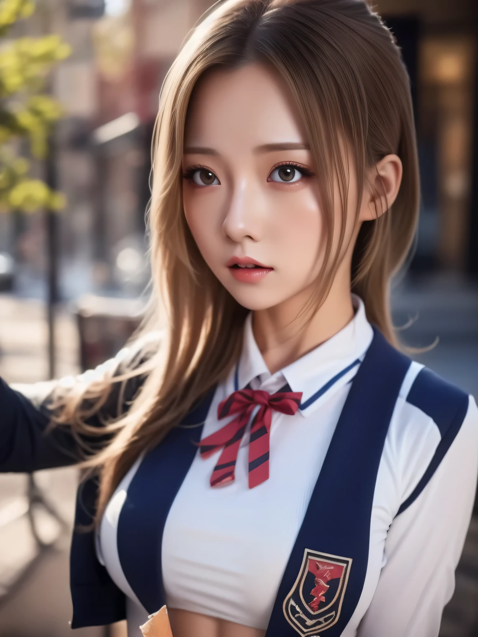 a cute anime girl with large breasts, wearing a sexy school uniform, grabbing her own breasts, extremely detailed face and eyes, long eyelashes, photorealistic, ultra-detailed, 8k, best quality, masterpiece, highly realistic, hyper-realistic, realistic lighting, cinematic lighting, dynamic pose, dramatic lighting, vibrant colors, soft pastel colors, beautiful detailed eyes, beautiful detailed lips, beautiful detailed face, beautiful detailed skin, full body, weary expression