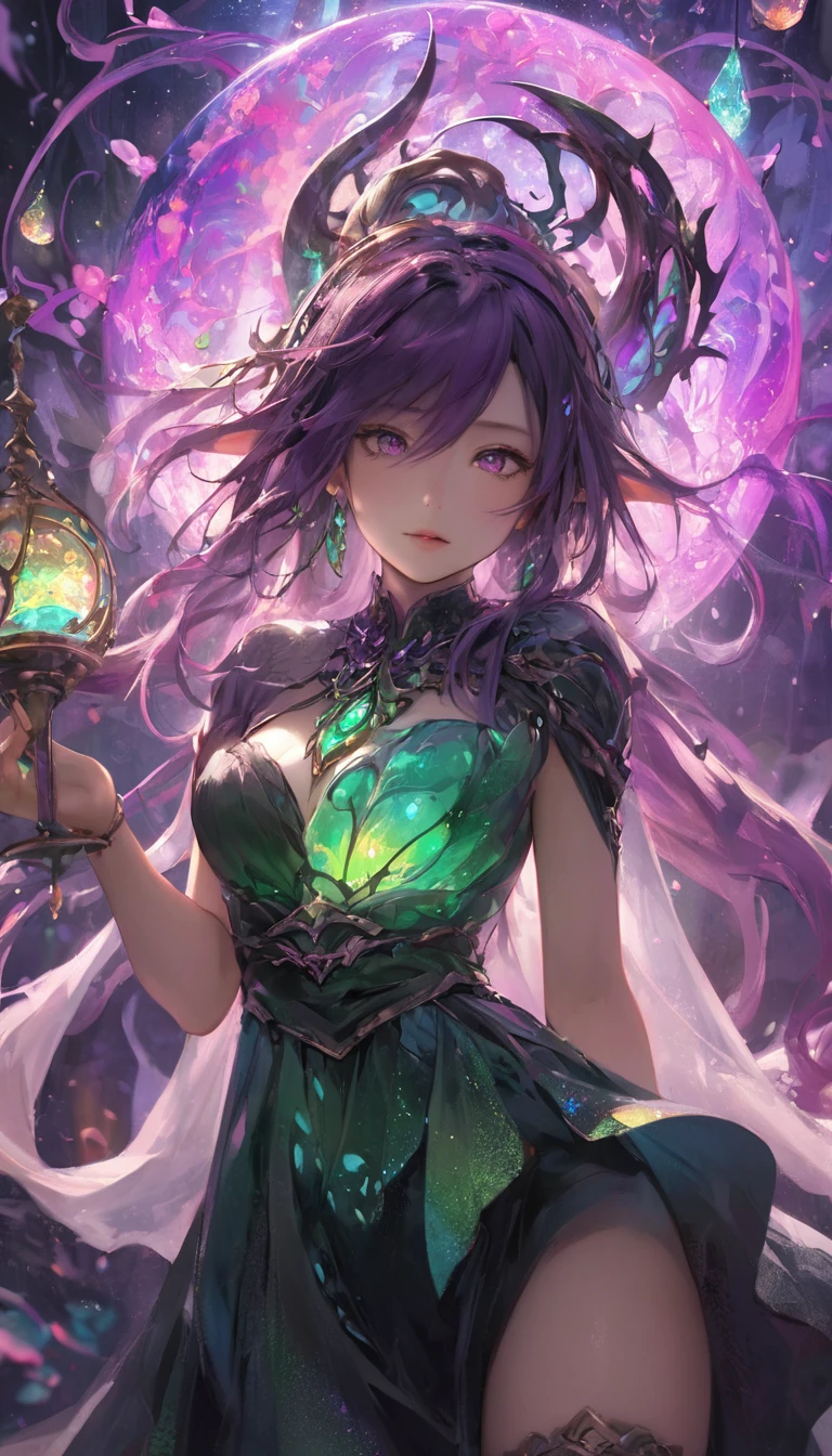 25 year old fairy woman. Long dark purple hair, black eyes, serious look. She wears a green dress and her wings are light purple.