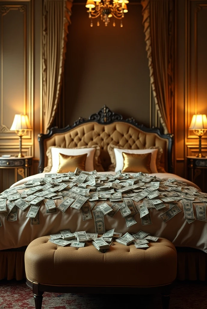 beautiful detailed bedroom interior, piles of gold bars and money, opulent luxury, golden light, intricate details, ornate furniture, high-quality rendering, photorealistic, dramatic lighting, cinematic composition, rich colors, chiaroscuro, dramatic shadows, masterpiece