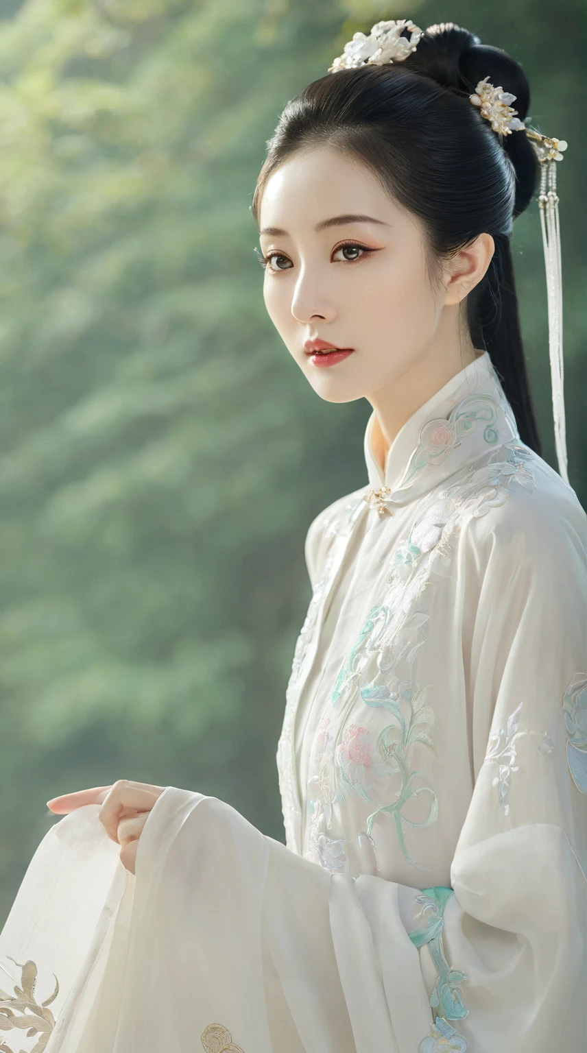 Close-up of a woman in a white dress and tie,  Inspired by Tang Yifen , Inspired by Huang Ji, Inspired by Qiu Ying, Inspired by Zhang Yan, Xianxia fantasy, palace ， Girl wearing Hanfu, Xianxia, White Hanfu, inspired by Du Qiong, Inspired by Lan Ying, Inspired by Zhang Yin