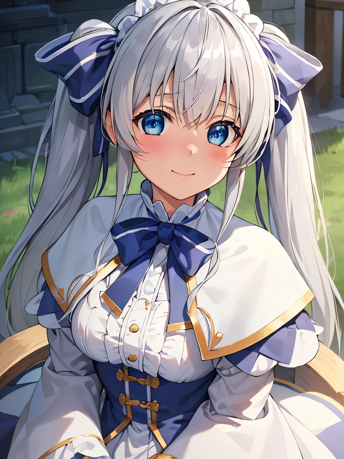 (8k、Best Quality、Best Quality、masterpiece)、Detailed face、One Girl、 

Silver Hair、 blue eyes 、ribbon、 twin tails、

1girl, celia claire
white capelet、

smile、blush、