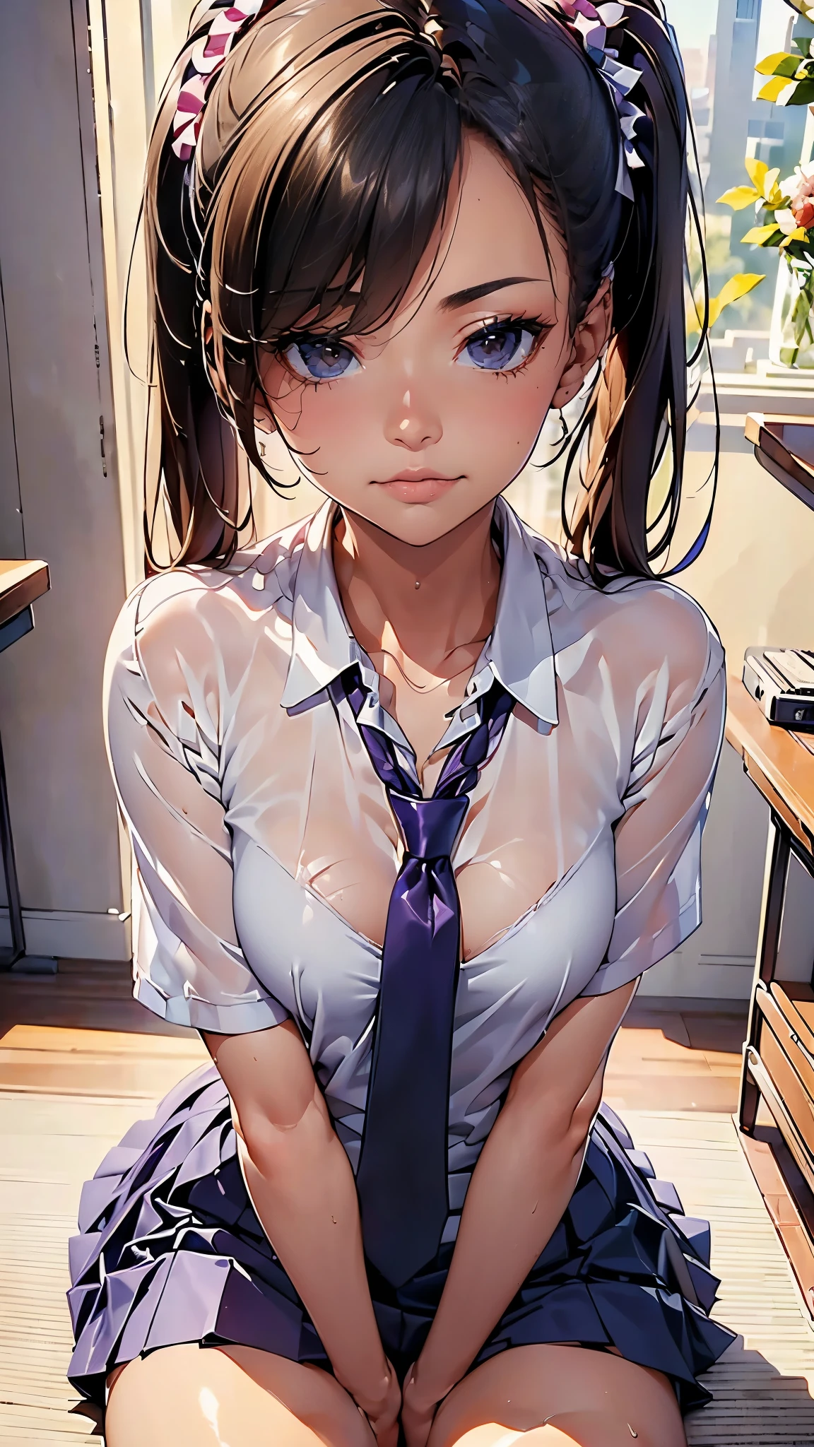 NSFW, pov, high angle view, (masterpiece, best quality, photo realistic:1.4), (shiny skin), (UHD, 8K wallpaper, High resolution), Perfect anatomy, Cinematic lighting, physically-based rendering, award-winning, extremely detailed skin, extra detailed face, eyes with beautiful details, Carl Zeiss 85 mm F/1.4, (((1girl and 1man, couple, having sex))), (a man standing in front of a kneeling woman, grabbing her head)(girl kneeling in front of a man:1.3), (woman tilting her head up), (1girl: very cute -yeld Jaese schoolgirl, (brown wavy semi-long hair, bangs), medium breasts with cleavage, (white school blouse, school ribbon), (navy pleated Skirt lifted by herself:1.3), (1girl: noseblush and naughty, eyes), blushing, in the midnight classroom, (1man: a handsome man and wearing recruit suit, holding her head), shot from diagonally forward, shot from above,