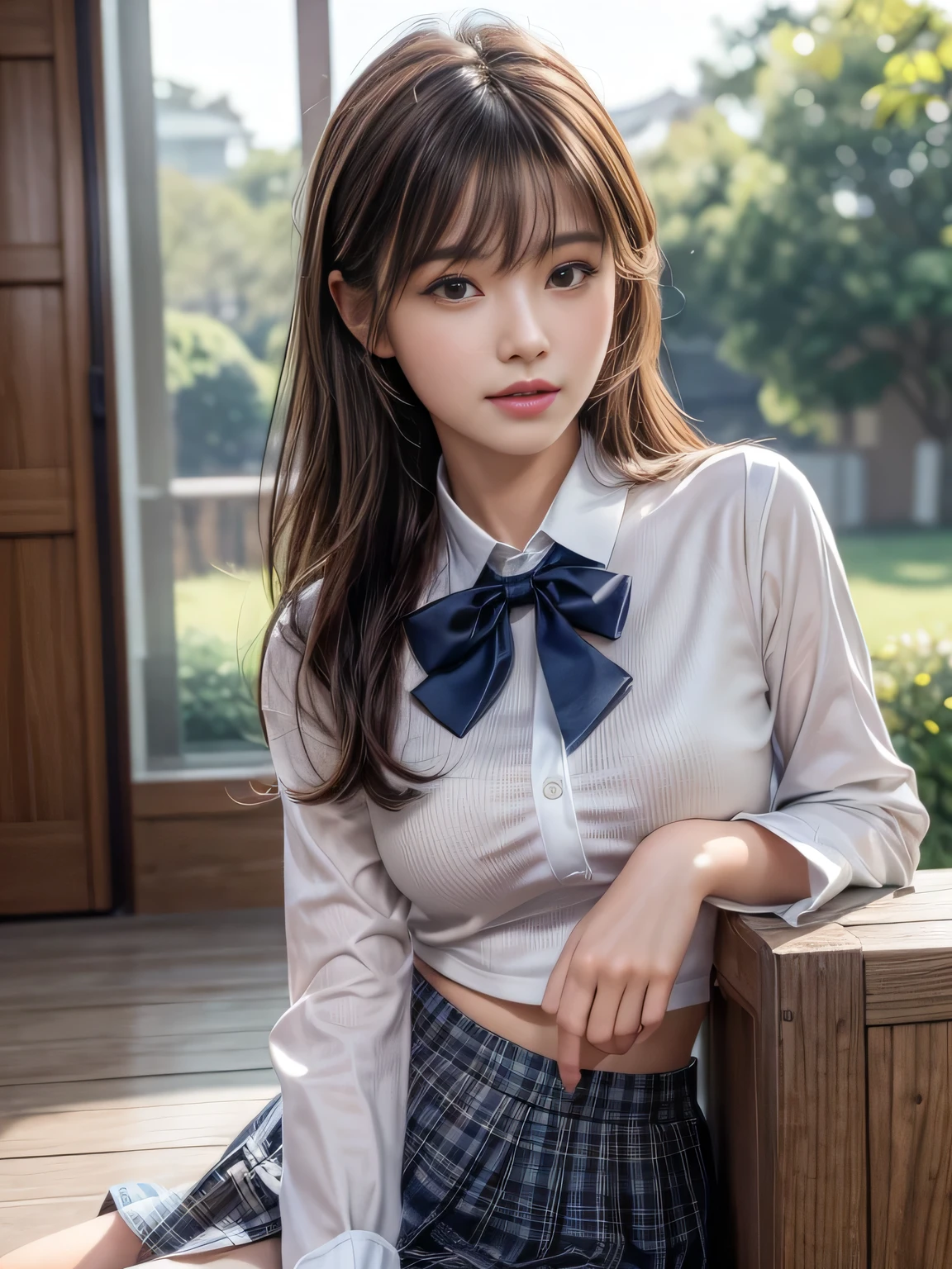 (Detailed Skin:1.2),(Glossy Skin:1.1), 8k, Top Quality, Masterpiece, Ultra High Resolution, (Photorealistic:1.4), RAW Photo, (Soft Saturation:1.3), Beautiful Korean idol, navy blue school uniform, dark bow tie, traditional style navy blue blazer uniform, white shirt and plaid skirt for a formal look, black high socks, Detailed Face, Perfect Female Body, Medium hair, asymmetrical bangs, Light brown hair, Very detailed face, Very detailed lips, Detailed eyes, Double eyelids bottom, smile,slender and stylish figures with beautiful facial features, natural light, relaxed pose, looking into the distance, calm atmosphere, shallow depth of field, clear focus on the subject, well-balanced exposure, (portrait), beautiful girl,