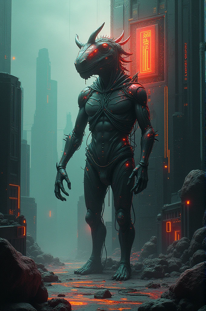 (the snake Assassin Legend death of legends), (stands at 10'9 feet tall), (Raptor-like appearance), (black Scales, symbol glowing tail), (4 eyeed face 2 red, the other two blue), (wearing a black hooded, mask covering his mouth), (Damaged Slender body). (Long neck) (Hushed back) (dystopian background).