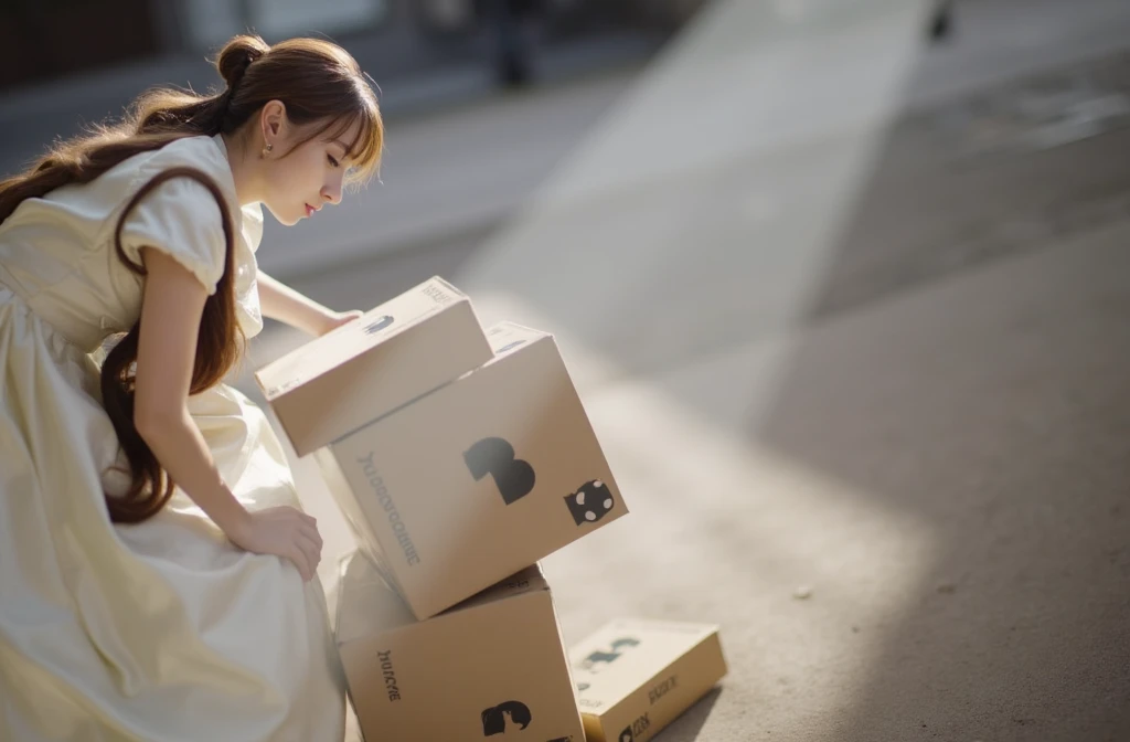 A woman wearing danbo costume, she has horsetail hair, brown hair, there is a box beside her, realism, masterpiece, cinematic