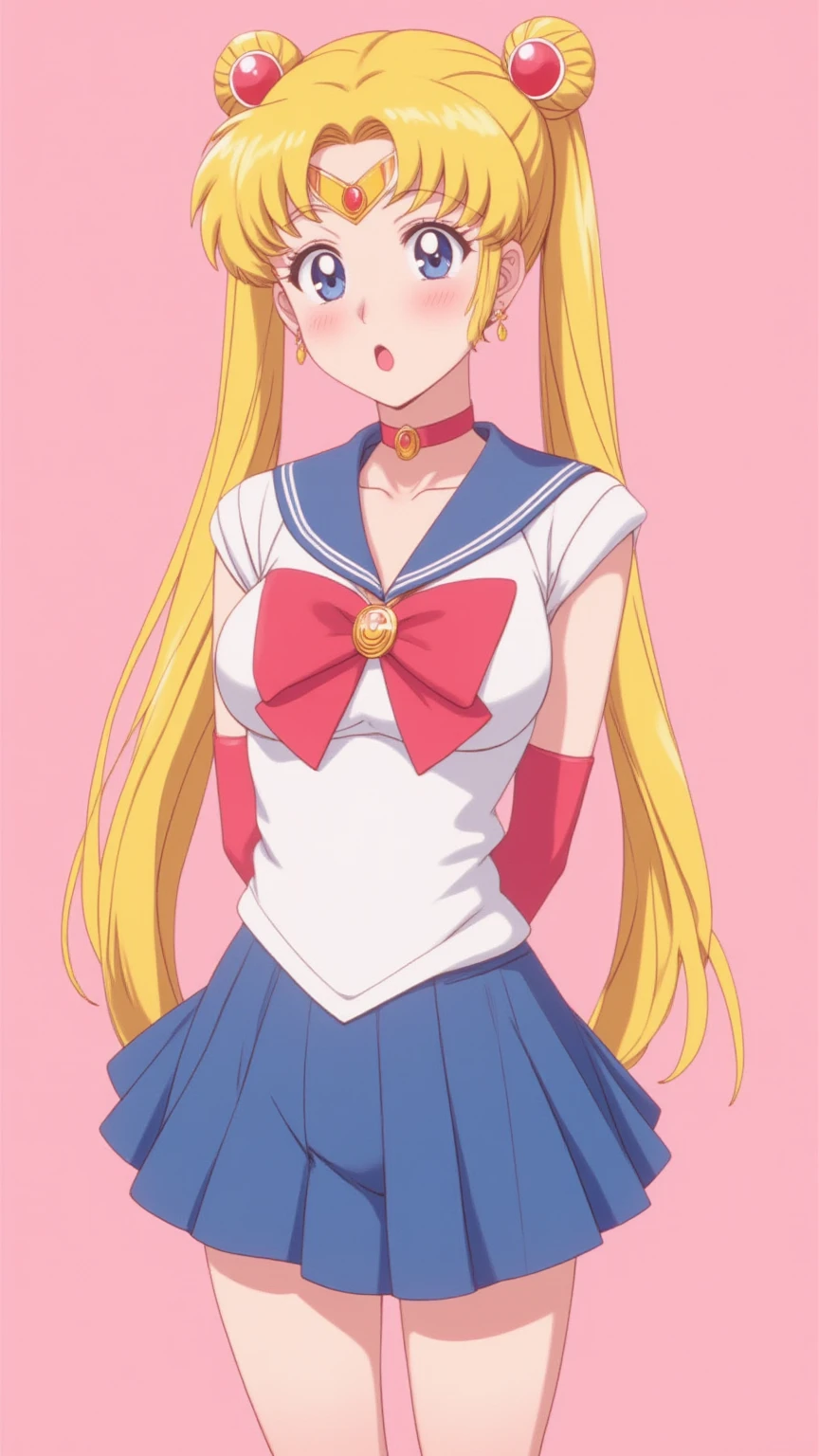 1 very young japanese girl, sailor moon, blonde hair, blushing, Shy, Red lips, mouth open, winking, cute overload, pale face, close up shot, Sweet, small breasts, ((best quality)), ((masterpiece)), (detailed), big expressive eyes, ulzzang, Slender、solid pink background, cute pose,  sailor suit, cleavage, slender legs, thigh highs, skinny, arms behind back, 