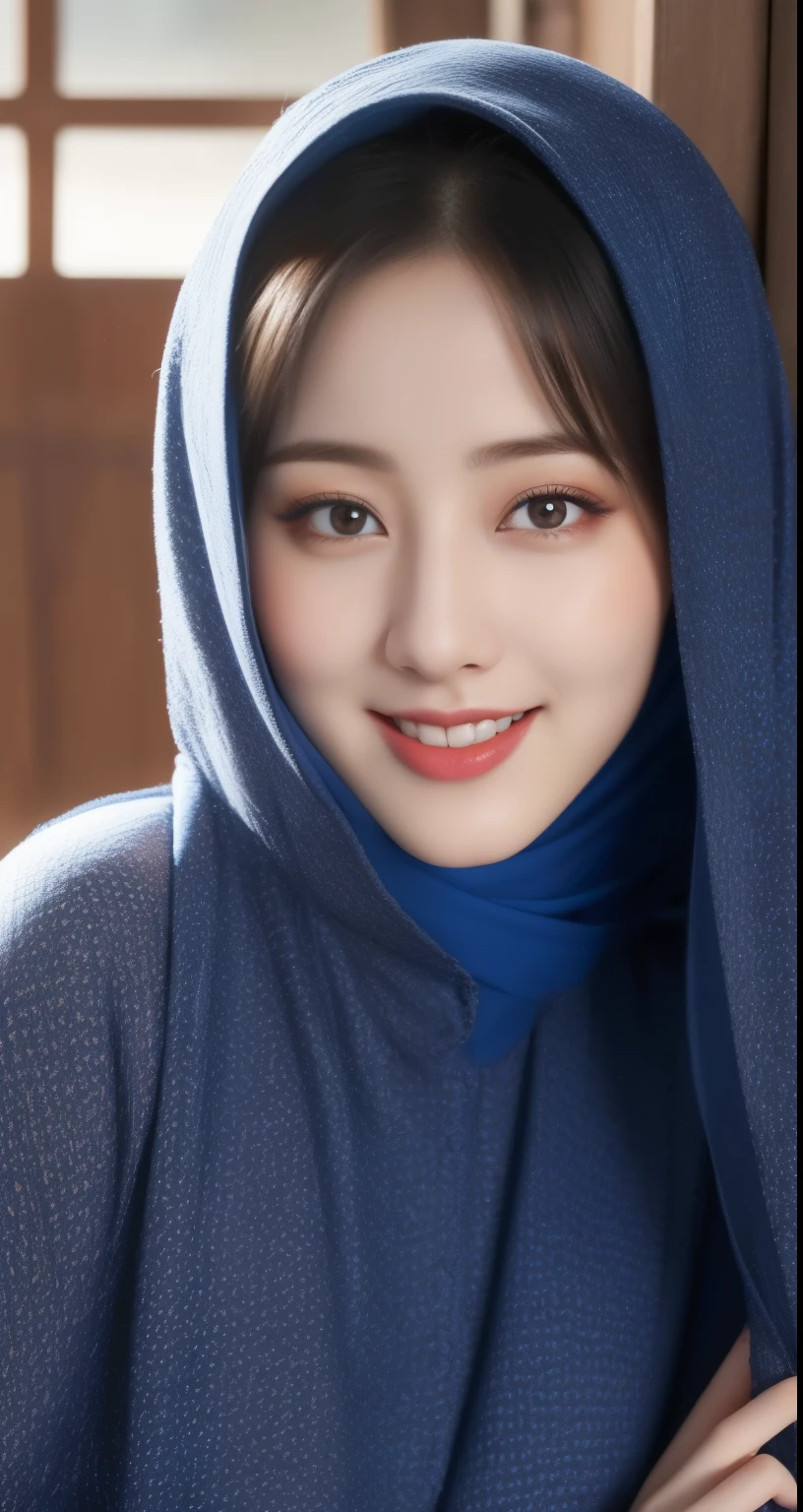 (best quality,4k,8k,highres,masterpiece:1.2),(lips very smile), red Lips, ultra-detailed,eyes detailed, face bright, face glow,(realistic,photorealistic,photo-realistic:1.37),20 years old girl, (large breasts), Pasmina blue hijab abaya,black hijab pasmina,asian korean beautiful girl,book,style sex +18,book,erotic Asian korean