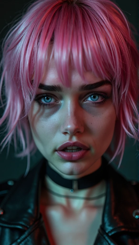 close-up of a woman with short pink hair and piercings, evil look, angry eyebrows, color photography portrait 4k, realistic color photo , 🤤 portrait of a girl, color portrait, Brandon Woelfel, cyberpunk Style , hyperrealistic , realistic face with dark lighting, detailed color portrait, cinematic realistic portrait, cute girl with short pink hair, soft portrait shot 8k