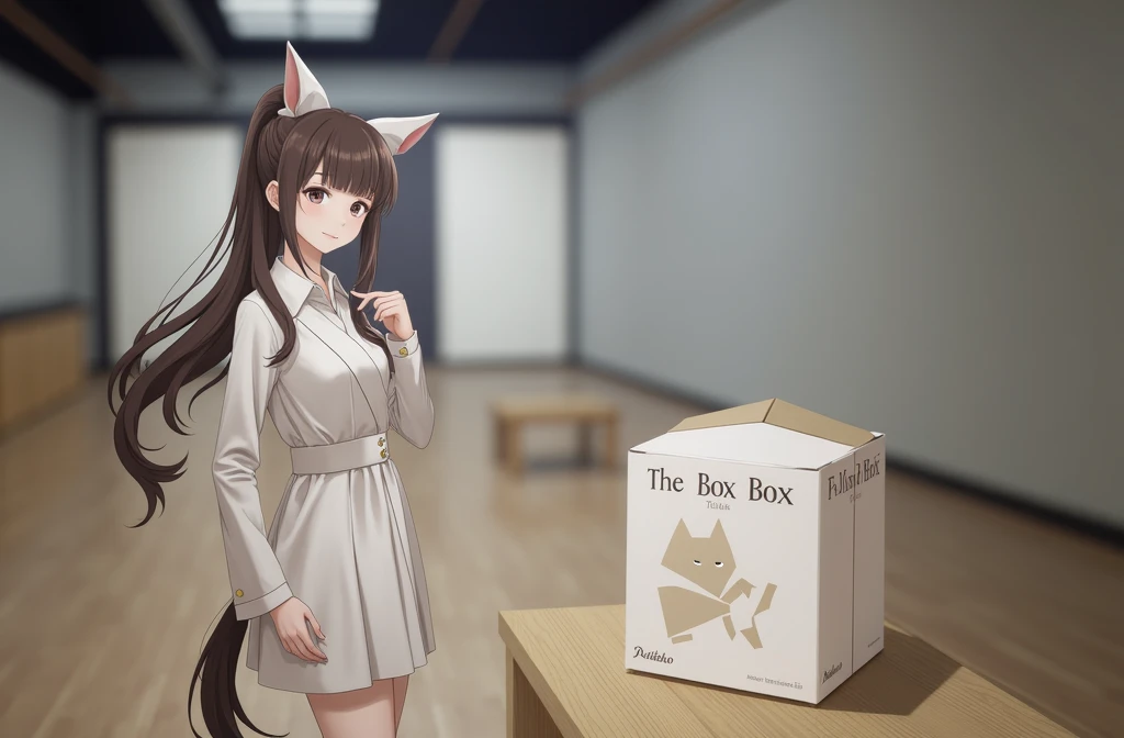 A woman wearing danbo costume, she has horsetail hair, brown hair, there is a box beside her, realism, masterpiece, cinematic