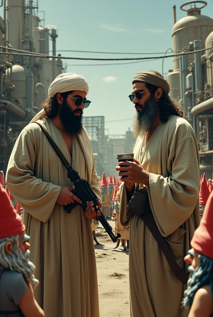 Osama bin laden wearing sunglasses taking a break in the work together with jesus crhist thats hangin a gun.
In the backgroun theres a meth factory and a lot of gnomes and a skibidy toilet
