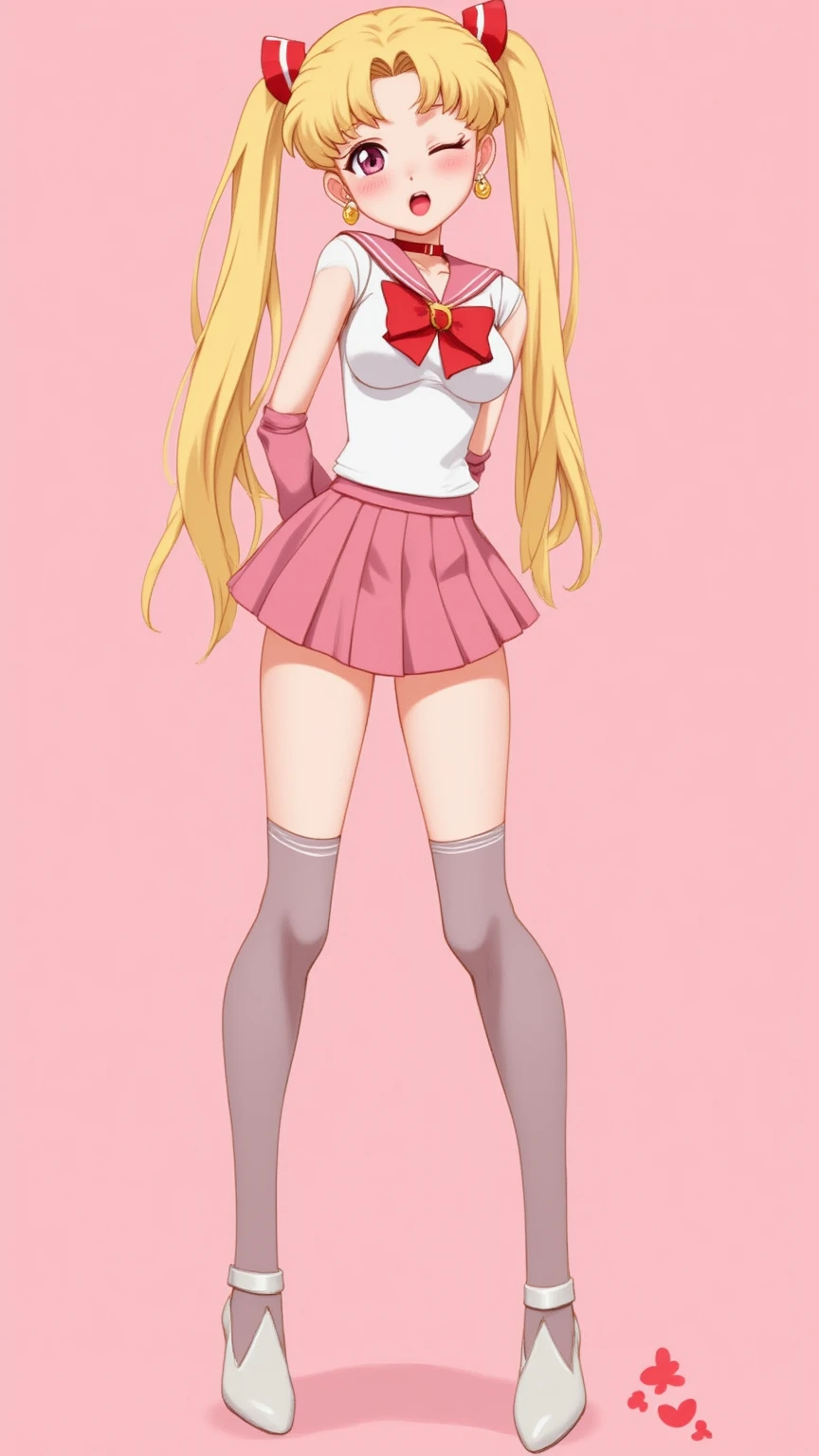 1 very young japanese girl, sailor moon, blonde hair, blushing, Shy, Red lips, mouth open, winking, cute overload, pale face, close up shot, Sweet, small breasts, ((best quality)), ((masterpiece)), (detailed), big expressive eyes, ulzzang, Slender、solid pink background, cute pose,  sailor suit, cleavage, slender legs, thigh highs, skinny, arms behind back, 