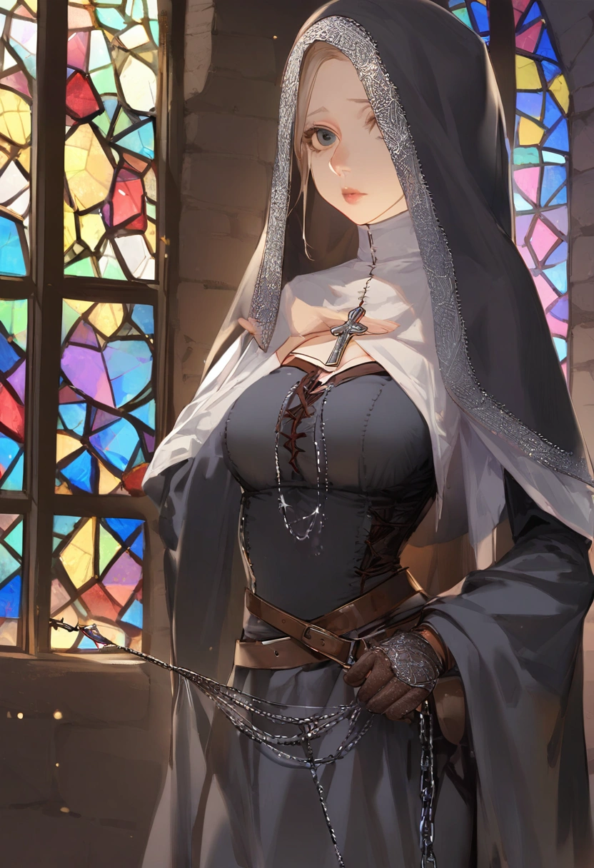  Draw a female character with an aesthetic that mixes Catholic symbolism and BDSM elements.  She wears a clothing inspired by a religious habit ,  but with provocative details , like black leather,  lace and metallic accessories .  The traditional veil is adorned with silver chains that descend over your shoulders ,  contrasting with the sacred aura of her posture .  She wears a leather corset with cross details ,  tied with satin ribbons and wrapped in thin strings that recall bondage practices .  Her arms are covered by long leather gloves ,  with metal bracelets connected by small padlocks .  Catholic symbols , like the rosary ,  are present as accessories , with a gothic and provocative touch. His expression is enigmatic, almost heavenly,  with intensely outlined eyes ,  evoking both power and submission . In the background,  a religious stained glass window stylized with deep colors ,  highlighting duality between the sacred and the profane in the character . 