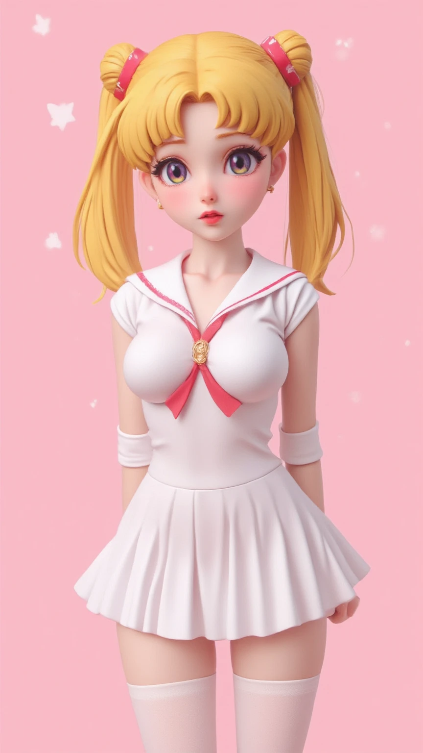 1 very young japanese girl, sailor moon, blonde hair, blushing, Shy, Red lips, mouth open, winking, cute overload, pale face, close up shot, Sweet, small breasts, ((best quality)), ((masterpiece)), (detailed), big expressive eyes, ulzzang, Slender、solid pink background, cute pose,  sailor suit, cleavage, slender legs, thigh highs, skinny, arms behind back, 