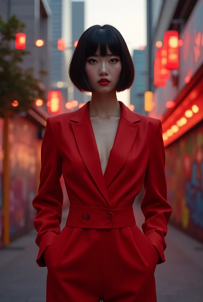 Woman in red dress walking on street at night, iu lee ji-eun as a super villain, wearing red cheongsam, Cheongsam, wu liu, inspired by Zhu Derun, xue han, Chinese dress, inspired by Lü Ji, Chinese Woman, inspired by Wang Lü, inspired by Feng Zhu, inspired by Min Zhen