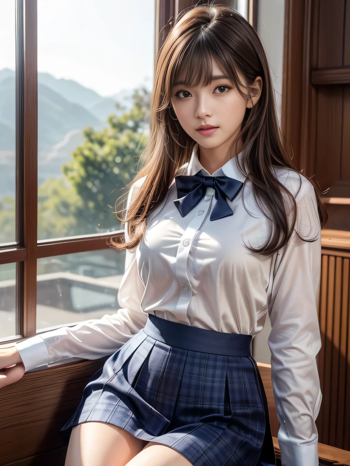 (Detailed Skin:1.2),(Glossy Skin:1.1), 8k, Top Quality, Masterpiece, Ultra High Resolution, (Photorealistic:1.4), RAW Photo, (Soft Saturation:1.3), Beautiful Korean idol, navy blue school uniform, dark bow tie, traditional style navy blue blazer uniform, white shirt and plaid skirt for a formal look, black high socks, Detailed Face, Perfect Female Body, Medium hair, asymmetrical bangs, Light brown hair, Very detailed face, Very detailed lips, Detailed eyes, Double eyelids bottom, smile,slender and stylish figures with beautiful facial features, natural light, relaxed pose, looking into the distance, calm atmosphere, shallow depth of field, clear focus on the subject, well-balanced exposure, (portrait), beautiful girl,