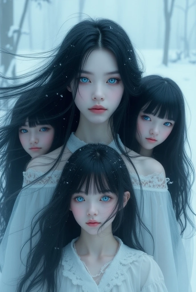 a group of VAMPIRE CHILD GIRLS, PORTRAIT, WITH VERY LONG STRAIGHT DARK HAIR, PORTRAIT, people standing around each other in the snow, PETROLEUM BLUE BACKGROUND.