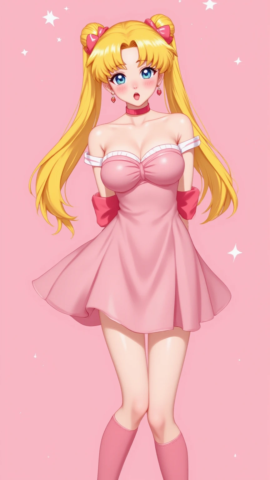 1 very young japanese girl, sailor moon, blonde hair, blushing, Shy, Red lips, mouth open, winking, cute overload, pale face, close up shot, Sweet, small breasts, ((best quality)), ((masterpiece)), (detailed), big expressive eyes, ulzzang, Slender、solid pink background, cute pose,  sailor suit, cleavage, slender legs, thigh highs, skinny, arms behind back, 