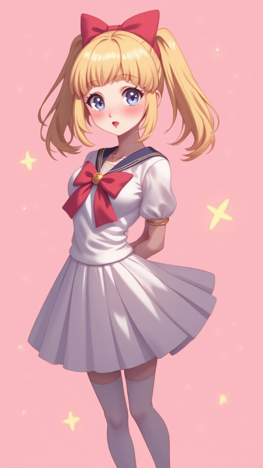 1 very young japanese girl, sailor moon, blonde hair, blushing, Shy, Red lips, mouth open, winking, cute overload, pale face, close up shot, Sweet, small breasts, ((best quality)), ((masterpiece)), (detailed), big expressive eyes, ulzzang, Slender、solid pink background, cute pose,  sailor suit, cleavage, slender legs, thigh highs, skinny, arms behind back, 