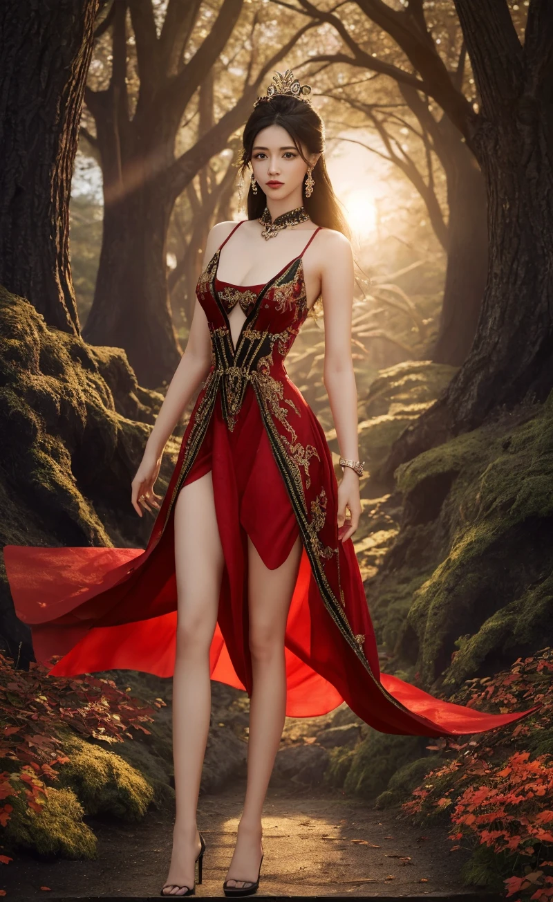 there is a Beautiful asian woman, red lips, thick long hair, red micro bikini, g string bikini, big breast, curve hourglass body, red high heels, walking on a dock with a bird flying in the background, mysterious girl, dramatic backgroung, portal to another world, shining portal, magic portal, portal with light, circle portal, novel cover art for a book, girl walking in dark forest, magical realism and dark fantasy, dreamy and ethereal and dark, by Lucia Peka, photomanipulation, eerie art style, looking through a shining portal