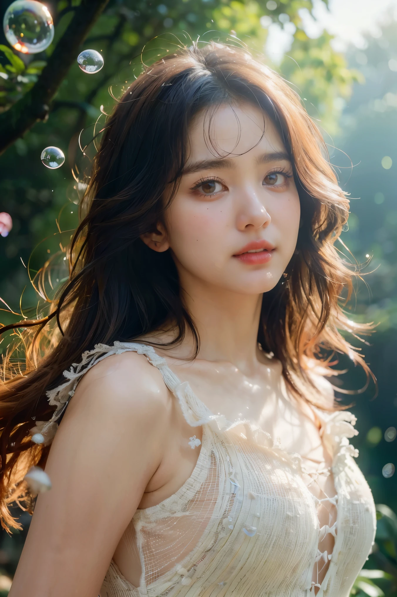 nahida (masterpiece), (best quality), (ultra detailed),(disheveled hair),(illustration), (1girl), beautifuldetailedeyes,delicate beautiful face,Floating,(high saturation),(colorful splashes),colorful bubble,(shining),focus on face, walking in a forest full of colorful mushrooms