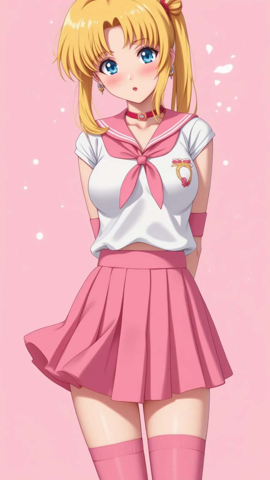 1 very young japanese girl, sailor moon, blonde hair, blushing, Shy, Red lips, mouth open, winking, cute overload, pale face, close up shot, Sweet, small breasts, ((best quality)), ((masterpiece)), (detailed), big expressive blue eyes, Slender、solid pink background, cute pose,  sailor suit, cleavage, slender legs, thigh highs, skinny, arms behind back, 