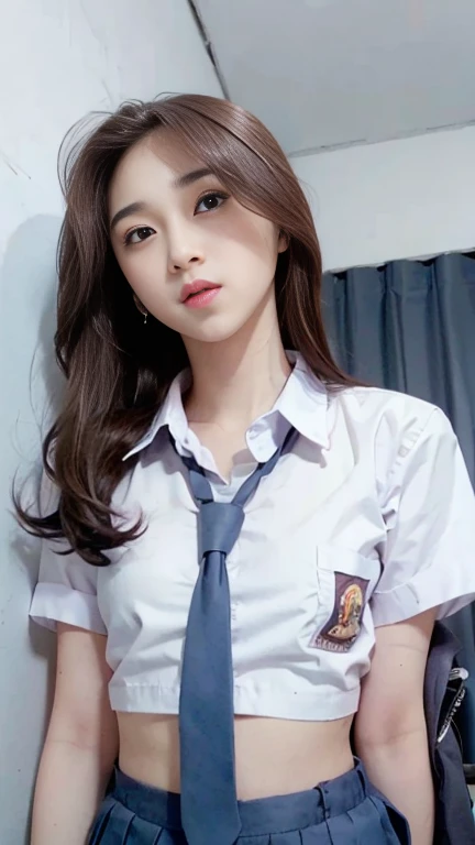 high school uniform, small breast, unbuttoned shirt, open chest, show breast