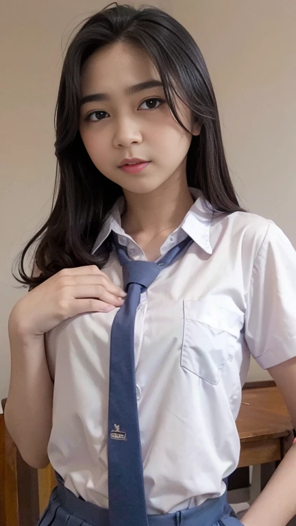 1girl, solo, (uniform), (zoom-out: 1.5), Classroom, sitting on top of table, detailed classroom scenery, cute angry face, thick breasts, smooth skin, ponytail hairstyle, tight white shirt, grey blue short skirt, looking at the audience, (low angle shot:1.3), (8k, RAW photo, best quality, masterpiece: 1.3), (realistic, realistic: 1.37), ultra-high resolution