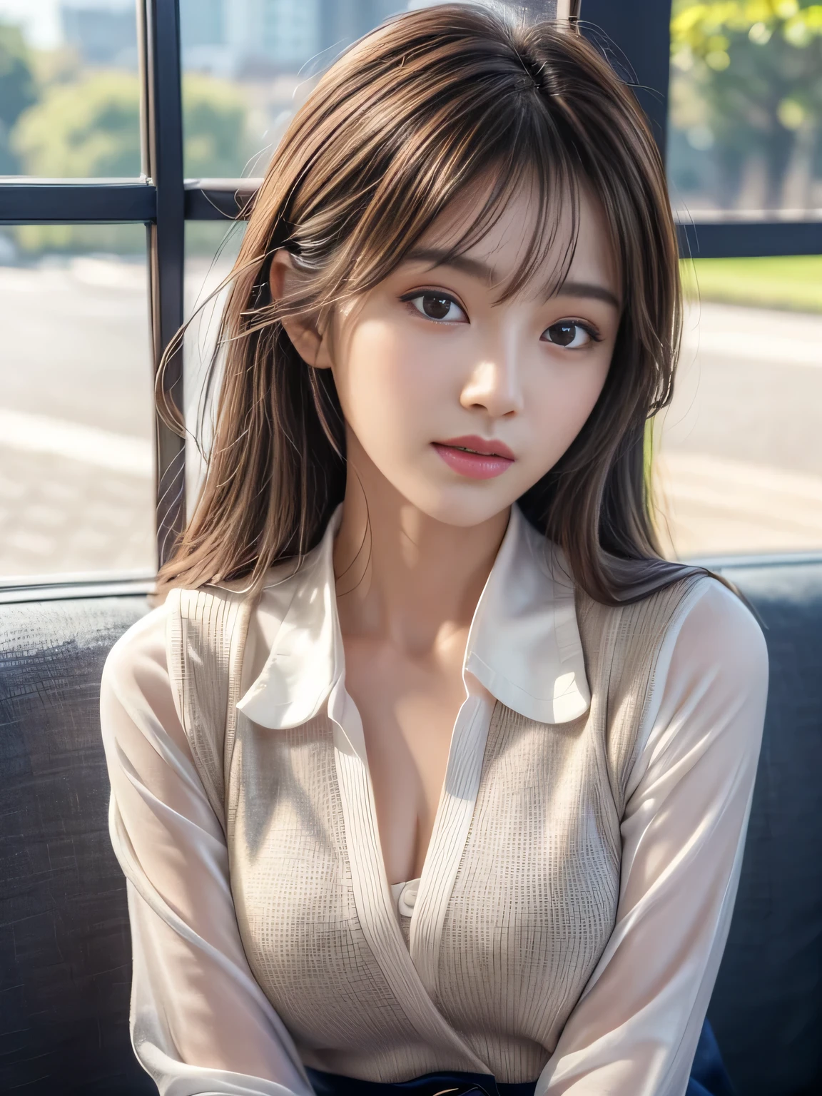 (Detailed Skin:1.2),(Glossy Skin:1.1), 8k, Top Quality, Masterpiece, Ultra High Resolution, (Photorealistic:1.4), RAW Photo, (Soft Saturation:1.3), Beautiful Korean idol, navy blue school uniform, dark bow tie, traditional style navy blue blazer uniform, white shirt and plaid skirt for a formal look, black high socks, Detailed Face, Perfect Female Body, Medium hair, asymmetrical bangs, Light brown hair, Very detailed face, Very detailed lips, Detailed eyes, Double eyelids bottom, smile,slender and stylish figures with beautiful facial features, natural light, relaxed pose, looking into the distance, calm atmosphere, shallow depth of field, clear focus on the subject, well-balanced exposure, (portrait), beautiful girl,