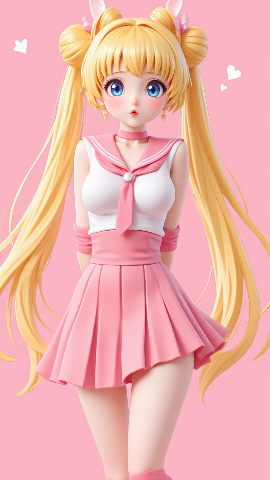 1 very young japanese girl, sailor moon, blonde hair, blushing, Shy, Red lips, mouth open, winking, cute overload, pale face, close up shot, Sweet, small breasts, ((best quality)), ((masterpiece)), (detailed), big expressive blue eyes, Slender、solid pink background, cute pose,  sailor suit, cleavage, slender legs, thigh highs, skinny, arms behind back, 