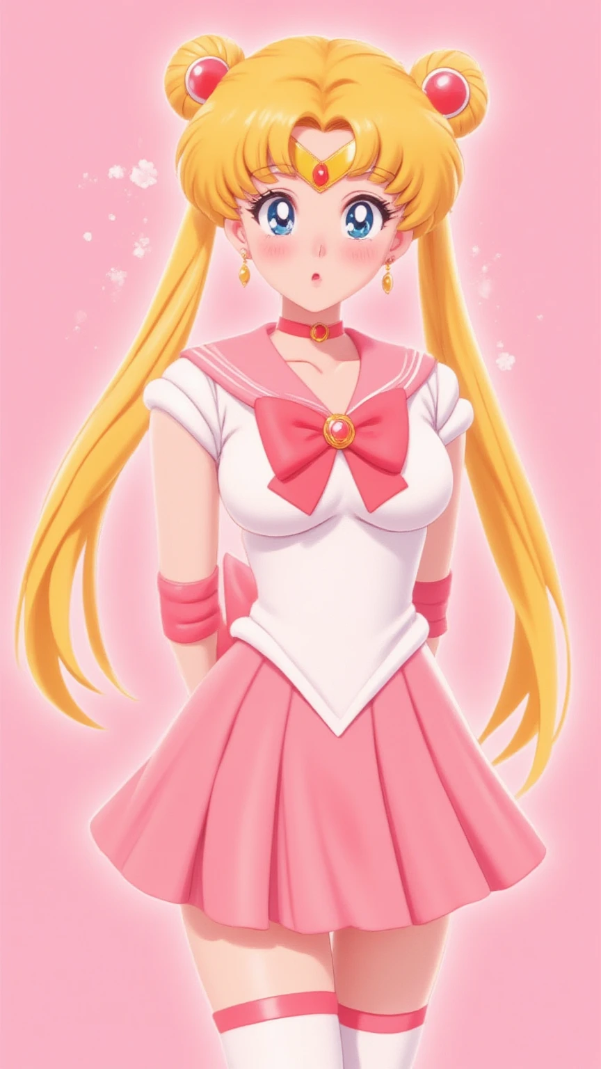 1 very young japanese girl, sailor moon, blonde hair, blushing, Shy, Red lips, mouth open, winking, cute overload, pale face, close up shot, Sweet, small breasts, ((best quality)), ((masterpiece)), (detailed), big expressive blue eyes, Slender、solid pink background, cute pose,  sailor suit, cleavage, slender legs, thigh highs, skinny, arms behind back, 