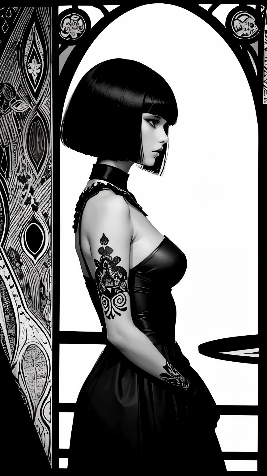 Beardsley Style,Ink Art, ( best quality ,masterpiece:1.2), (Black and white comic core :1.1), ( Extremely high contrast), silhouette, Dark Ink, 1 beautiful girl, Side view,  profile ,  bunny girl, Bob cut hair, bangs,  very beautiful face , Very beautiful eyes, Hirame, Place the model at the bottom left, 